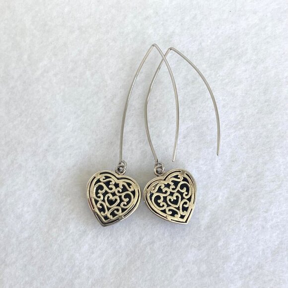Sterling Silver 925 Marcasite Puffy Heart Threader Style Dangle Drop Earrings - Picture 4 of 16